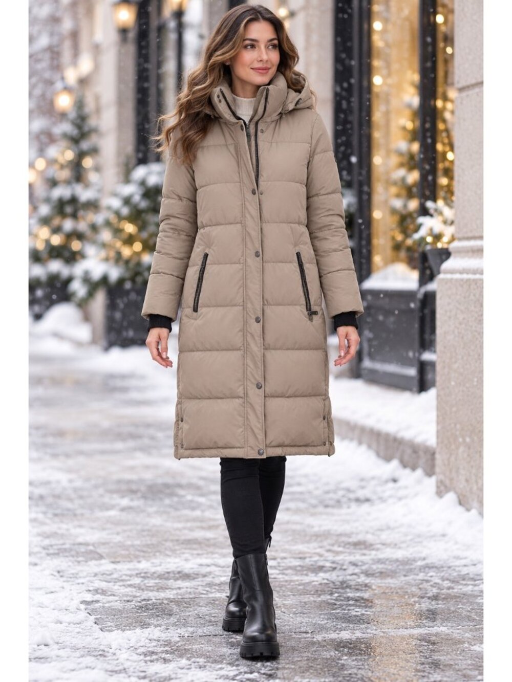 DKNY Womens Small Long Hooded Puffer Coat Sorona Taupe EUC